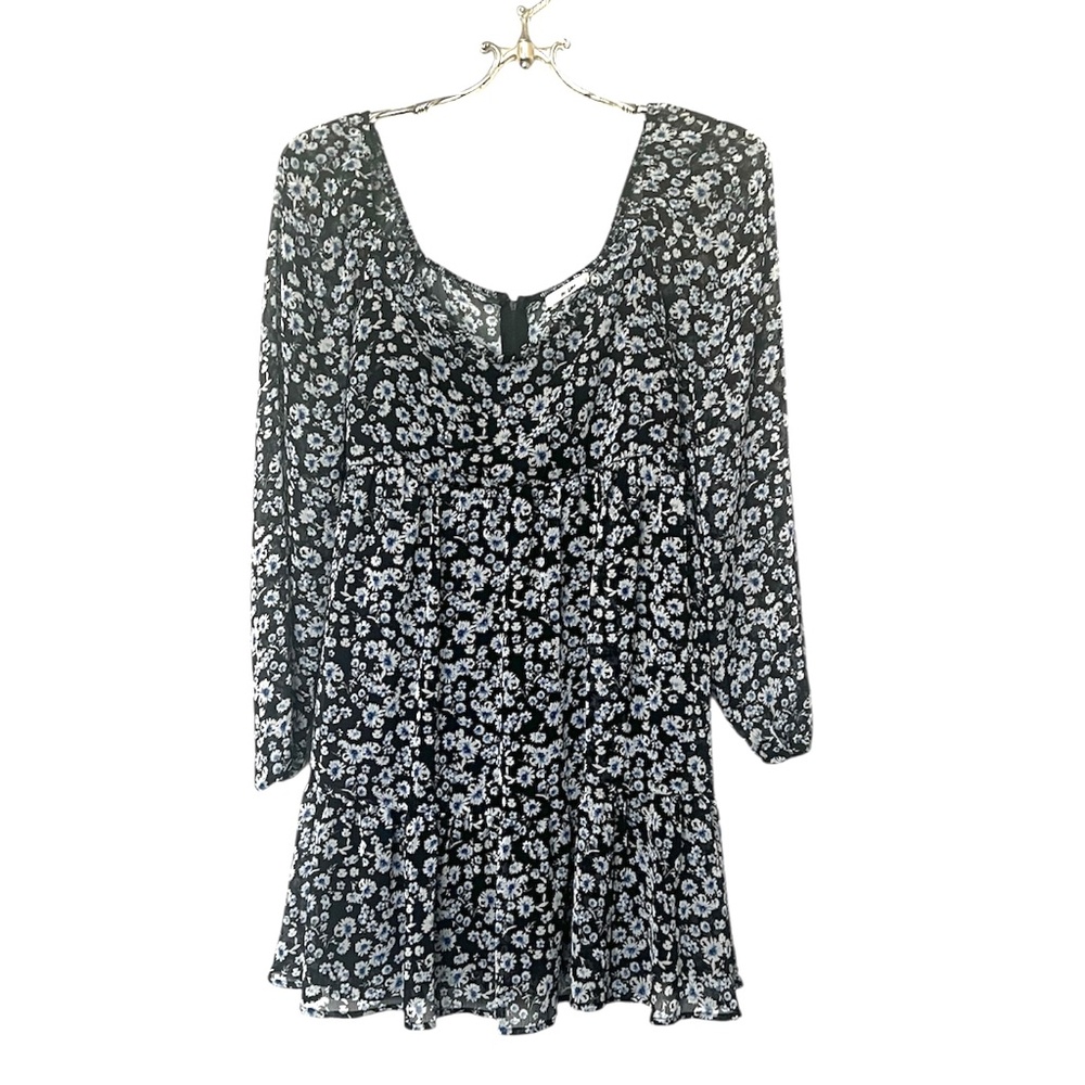 Mi Ami Black Blue and White Floral Long Sleeve Dress Size Small